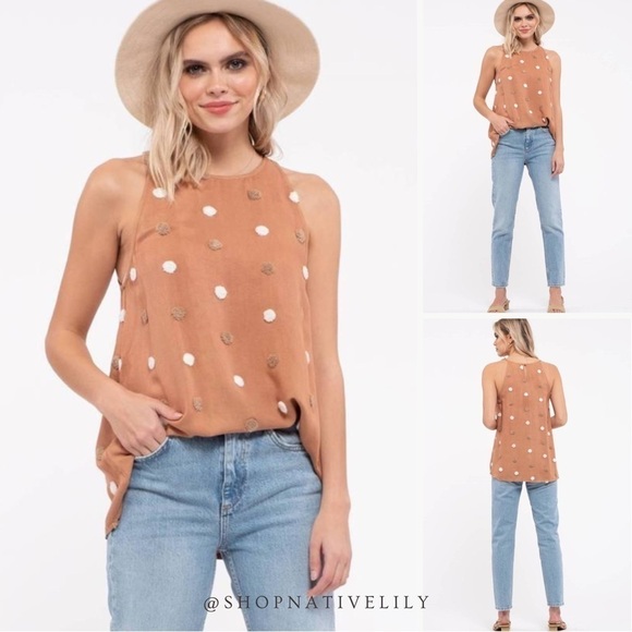 NWT Blu Pepper Women's Two Tone Swiss Dot Tank Top Sz Large, Sienna Multi Dot - Picture 2 of 9